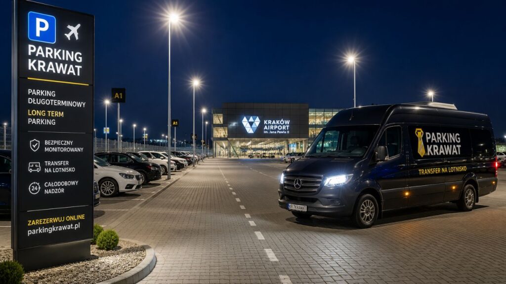Nowoczesny, oświetlony parking długoterminowy blisko lotniska, z równą, utwardzoną nawierzchnią i profesjonalnym busem transferowym czekającym na pasażerów
