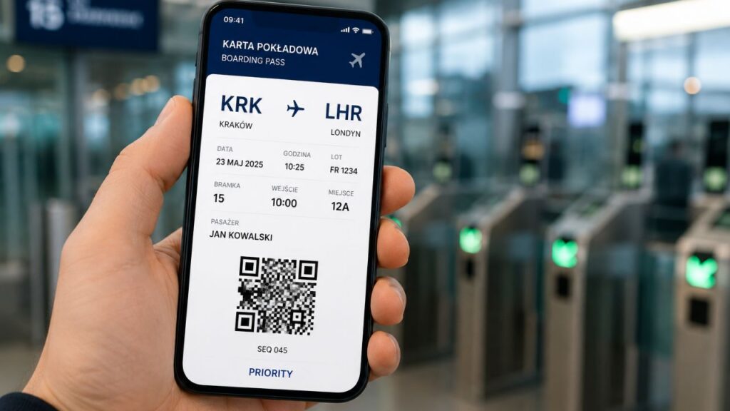 Zbliżenie na dłoń trzymającą smartfon z wyświetloną elektroniczną kartą pokładową (boarding pass) na tle nowoczesnych bramek lotniskowych.