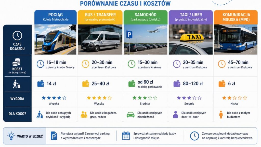 Infografika przedstawiająca porównanie czasu i kosztów dojazdu różnymi środkami transportu