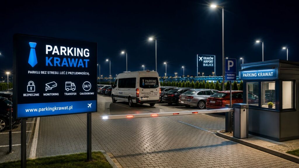 Bezpieczny, utwardzony i dobrze oświetlony Parking Krawat w Balicach nocą