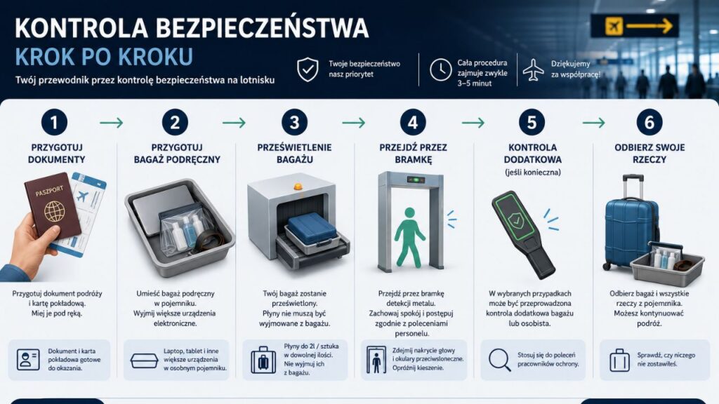Infografika „Kontrola bezpieczeństwa krok po kroku” – sześć numerowanych etapów od przygotowania dokumentów, przez prześwietlenie bagażu i przejście przez bramkę, aż po odbiór rzeczy. Utrzymana w kolorystyce lotniskowej z prostymi ikonami ułatwiającymi zrozumienie procesu.