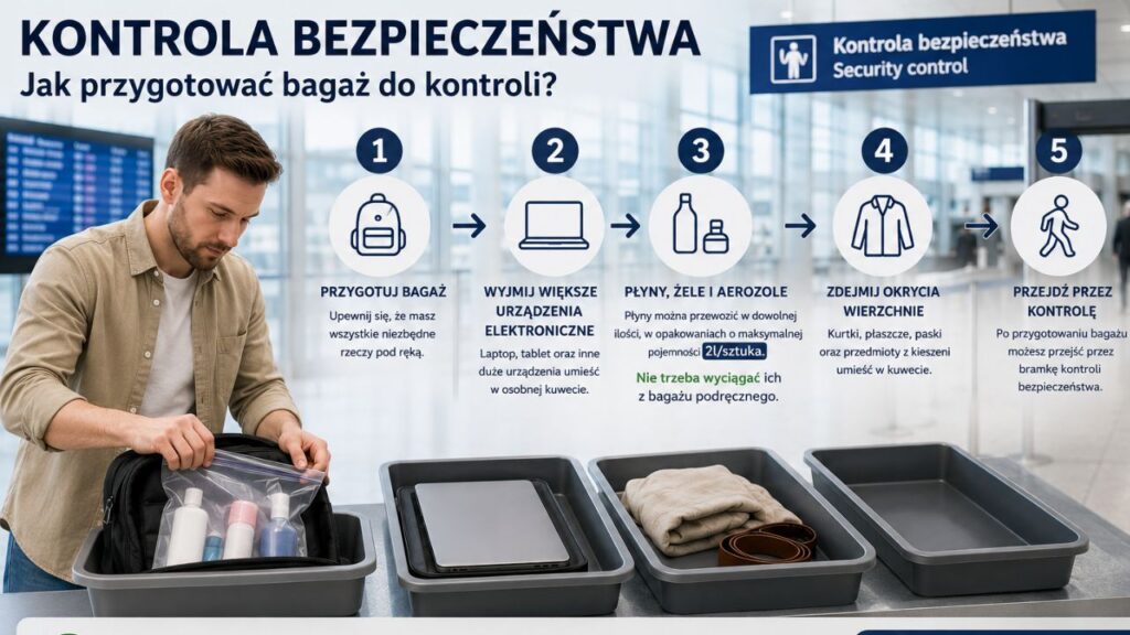 Pasażer przygotowujący bagaż podręczny przed stanowiskiem kontroli bezpieczeństwa na nowoczesnym lotnisku – strzałki wskazujące kolejne etapy procedury.