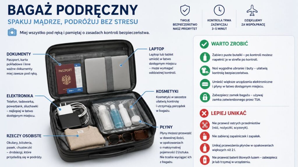 Infografika przedstawiająca otwarty bagaż podręczny z podpisanymi elementami: laptop, kosmetyki, płyny, dokumenty, elektronika i rzeczy osobiste. Obok oznaczenia „✔ warto zrobić” oraz „✘ lepiej unikać”, ułatwiające czytelnikowi szybkie zapamiętanie zasad.