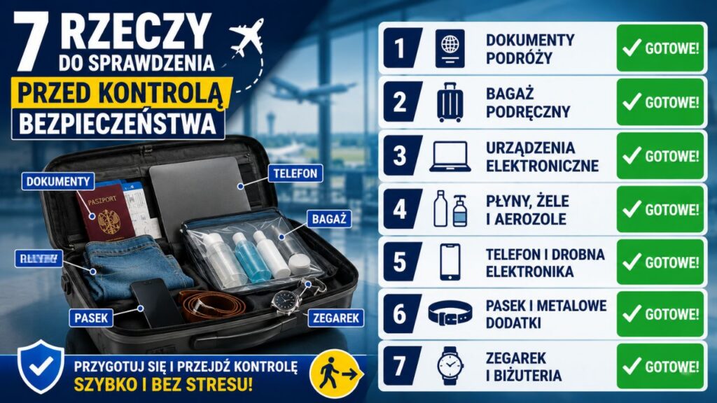 Checklista „7 rzeczy do sprawdzenia przed kontrolą bezpieczeństwa” z ikonami dokumentu, walizki, laptopa, płynów, telefonu, pasa i zegarka. Grafika utrzymana w stylistyce lotniskowej, z zielonymi oznaczeniami „Gotowe!” przy każdym punkcie.