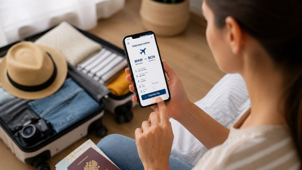 Osoba wykonująca odprawę online na smartfonie przy spakowanej walizce.