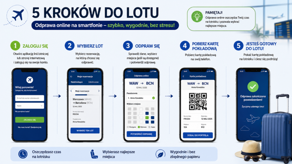 infografika przedstawiająca pięć kroków odprawy online na smartfonie.