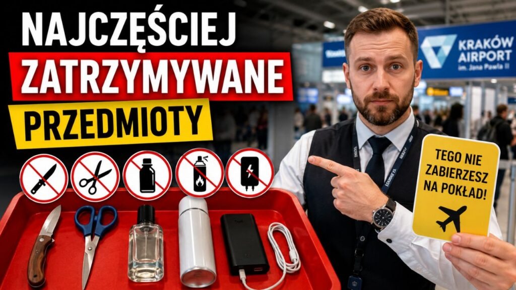 Zdjęcie pracownika lotniska pokazującego przedmioty, które najczęściej są zatrzymywane podczas kontroli bezpieczeństwa.