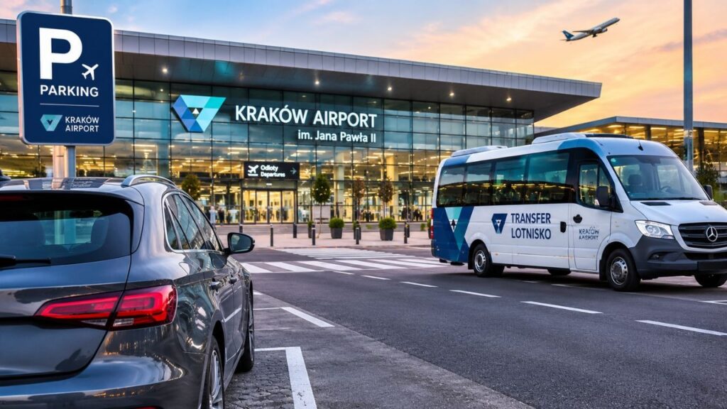 Samochód zaparkowany na nowoczesnym parkingu przy lotnisku, bus transferowy oraz terminal Kraków Airport w tle.