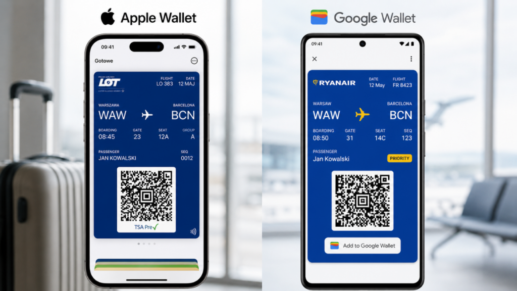 telefon z otwartą kartą pokładową w Apple Wallet oraz Google Wallet.