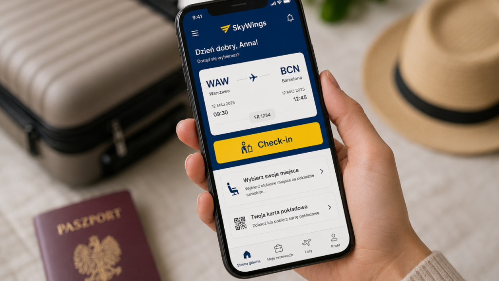 Ekran telefonu z aplikacją linii lotniczej i widocznym przyciskiem „Check-in”.