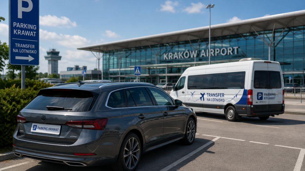 samochód na parkingu przy lotnisku, w tle bus transferowy i terminal Kraków Airport.
