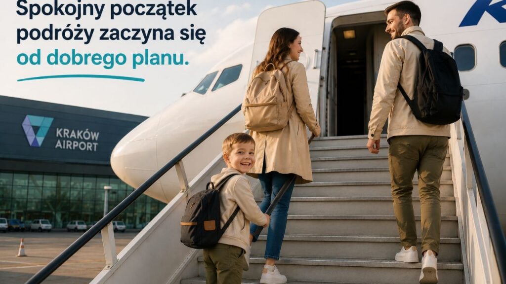 Rodzina wsiadająca do samolotu z uśmiechniętym dzieckiem, podpis: „Spokojny początek podróży zaczyna się od dobrego planu.”