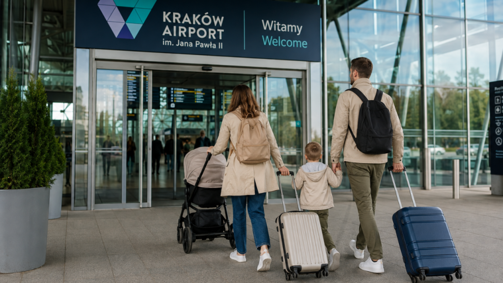 Rodzina z dzieckiem wchodząca do terminala Kraków Airport, z walizkami i wózkiem dziecięcym. Atmosfera spokojnego początku podróży.