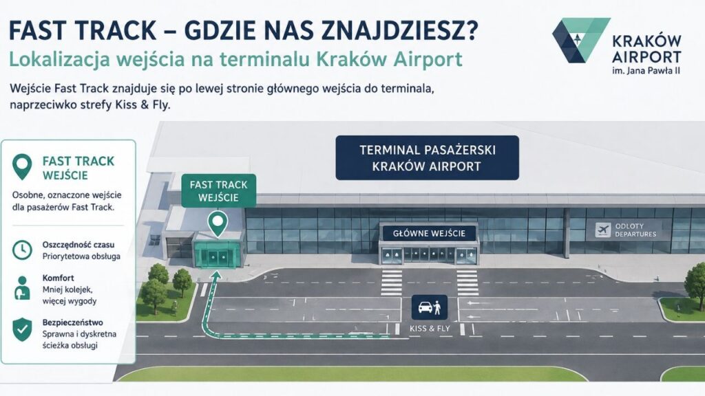 Infografika przedstawiająca lokalizację wejścia Fast Track na terminalu Kraków Airport.