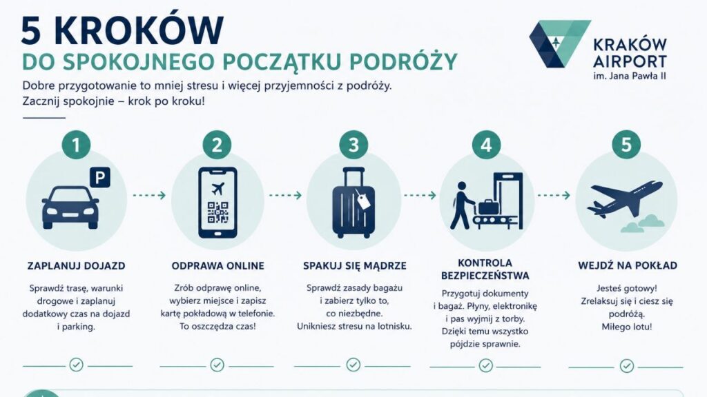 Infografika „5 kroków do spokojnego początku podróży” z ikonami samochodu, telefonu, walizki, kontroli bezpieczeństwa i samolotu.