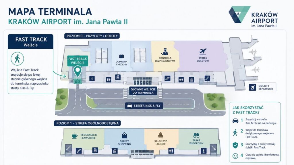 Mapa terminala z zaznaczonym wejściem do Fast Track.