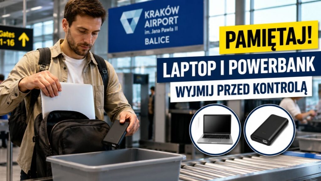 Podróżny wyjmujący laptop i powerbank z plecaka przed kontrolą bezpieczeństwa na lotnisku.