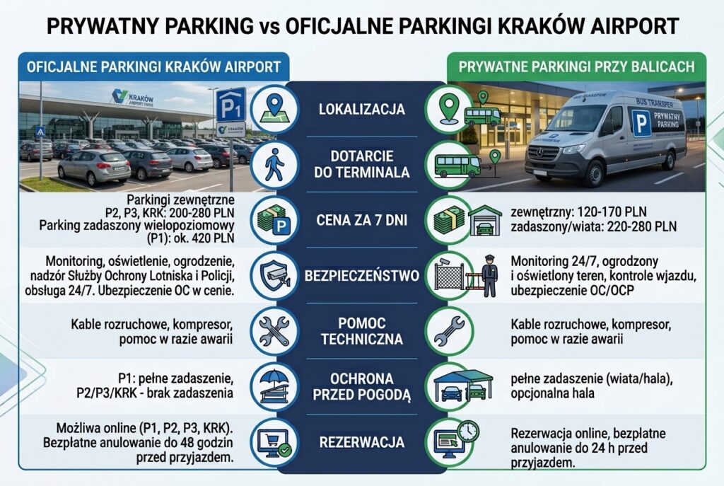 Porównanie prywatnego parkingu przy Balicach i oficjalnych parkingów Kraków Airport pod względem ceny, transferu i bezpieczeństwa