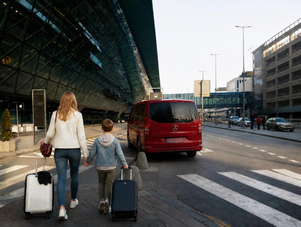 Bus transferowy zatrzymuje się na zatoczce tuż przy terminalu pasażerskim, gwarantując podróżnym najwyższy komfort i wygodę. Zdjęcie wygenerowane przez AI